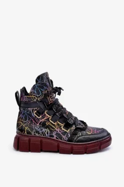 Skórzane Płaskie Sznurowane Botki Maciejka 06158-01 Czarne