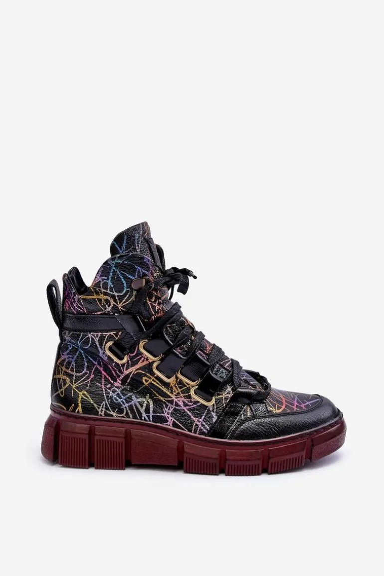 Skórzane Płaskie Sznurowane Botki Maciejka 06158-01 Czarne