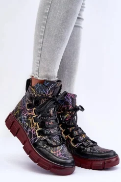 Skórzane Płaskie Sznurowane Botki Maciejka 06158-01 Czarne