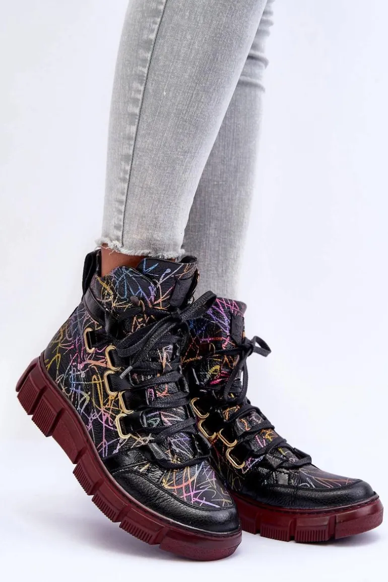 Skórzane Płaskie Sznurowane Botki Maciejka 06158-01 Czarne