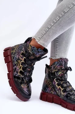 Skórzane Płaskie Sznurowane Botki Maciejka 06158-01 Czarne