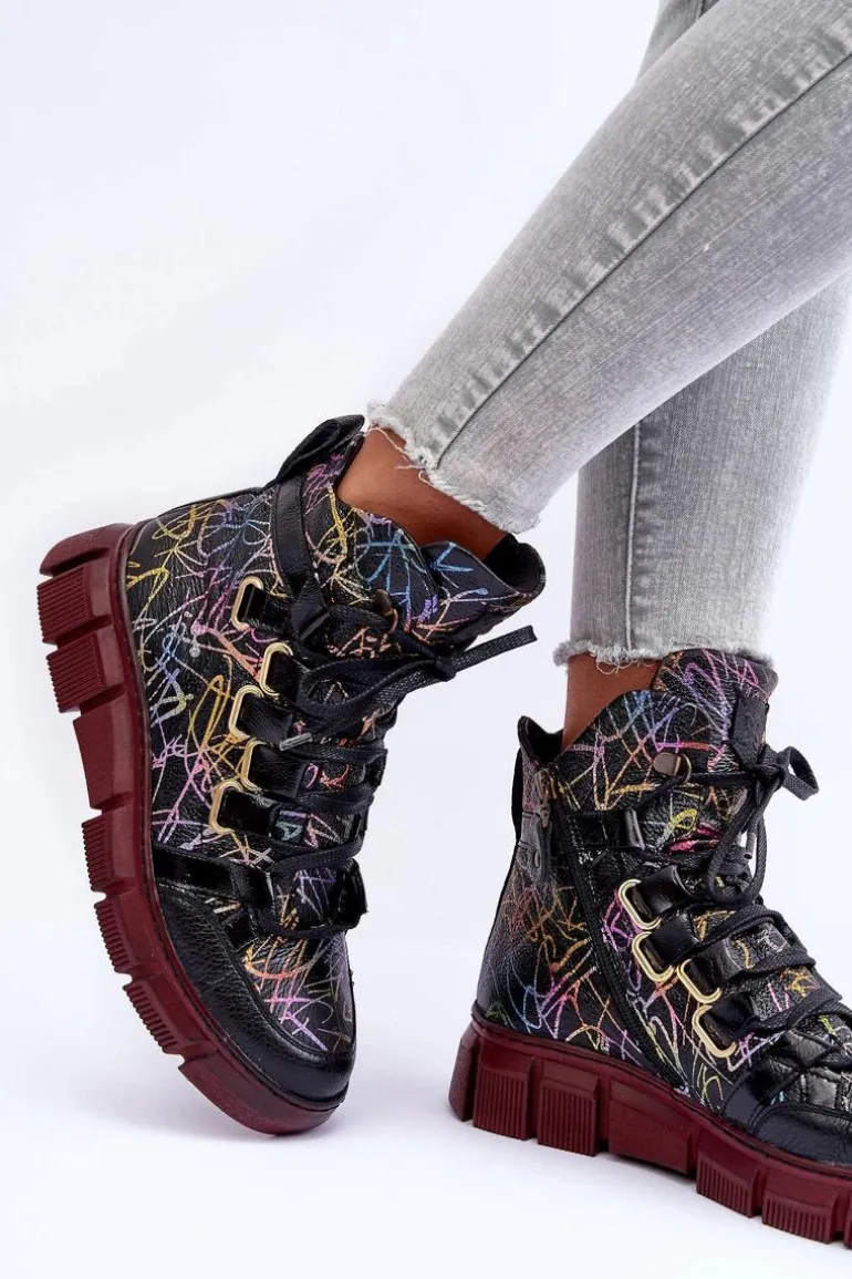 Skórzane Płaskie Sznurowane Botki Maciejka 06158-01 Czarne