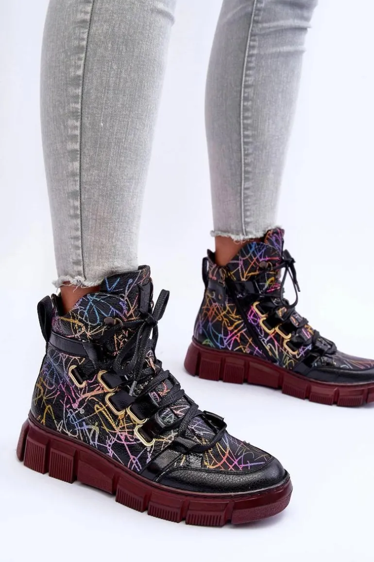 Skórzane Płaskie Sznurowane Botki Maciejka 06158-01 Czarne