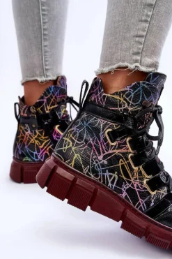 Skórzane Płaskie Sznurowane Botki Maciejka 06158-01 Czarne