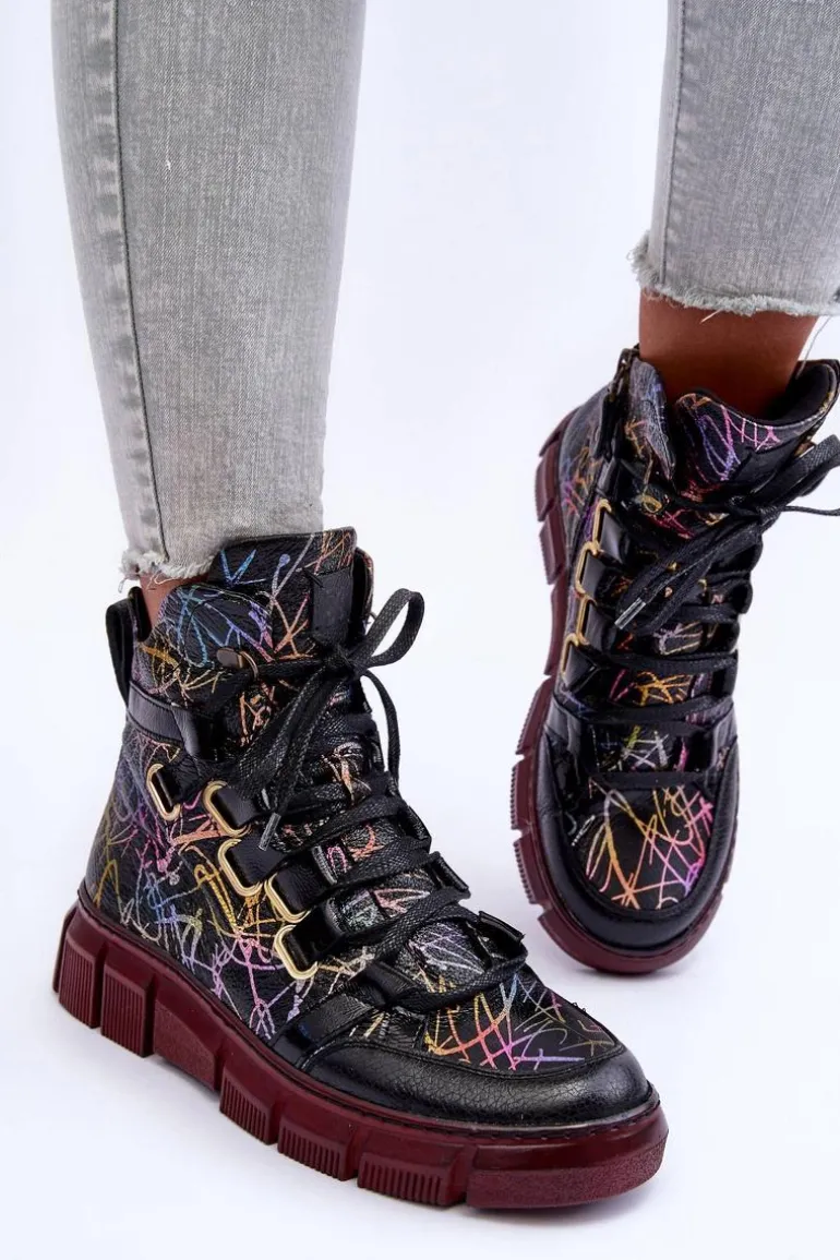 Skórzane Płaskie Sznurowane Botki Maciejka 06158-01 Czarne