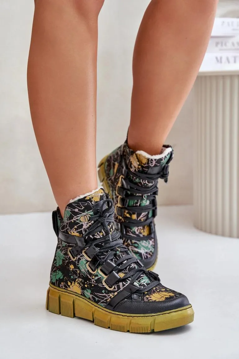 Skórzane Płaskie Sznurowane Botki Maciejka 06158-07 Żółto-Czarne