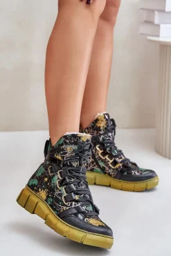 Skórzane Płaskie Sznurowane Botki Maciejka 06158-07 Żółto-Czarne