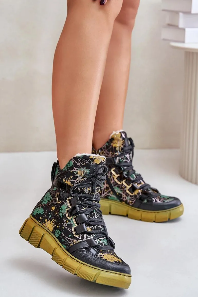 Skórzane Płaskie Sznurowane Botki Maciejka 06158-07 Żółto-Czarne