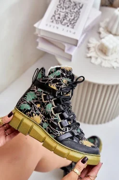 Skórzane Płaskie Sznurowane Botki Maciejka 06158-07 Żółto-Czarne