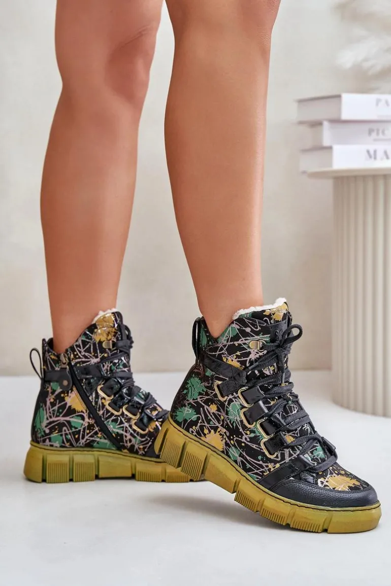 Skórzane Płaskie Sznurowane Botki Maciejka 06158-07 Żółto-Czarne