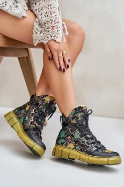 Skórzane Płaskie Sznurowane Botki Maciejka 06158-07 Żółto-Czarne