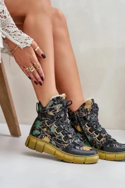 Skórzane Płaskie Sznurowane Botki Maciejka 06158-07 Żółto-Czarne