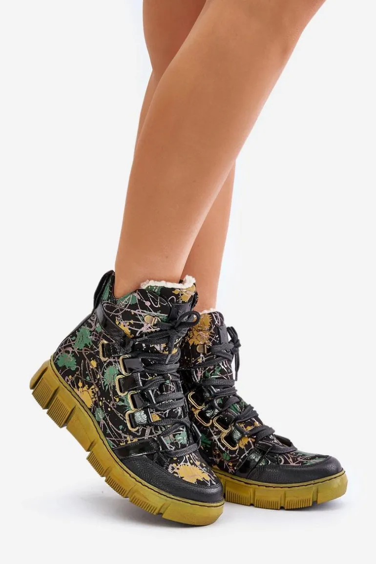 Skórzane Płaskie Sznurowane Botki Maciejka 06158-07 Żółto-Czarne