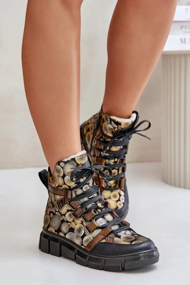 Skórzane Płaskie Sznurowane Botki Maciejka 06158-25 Złote