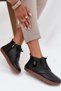 Skórzane Półbuty Barefoot Damskie Z Ozdobnym Detalem Zazoo 30072 Czarne