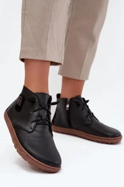 Skórzane Półbuty Barefoot Damskie Z Ozdobnym Detalem Zazoo 30072 Czarne