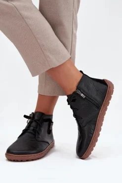 Skórzane Półbuty Barefoot Damskie Z Ozdobnym Detalem Zazoo 30072 Czarne