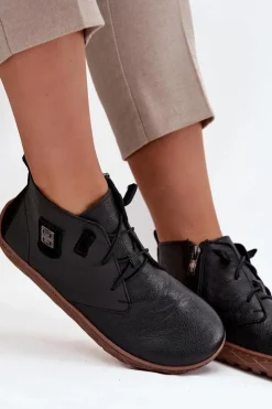 Skórzane Półbuty Barefoot Damskie Z Ozdobnym Detalem Zazoo 30072 Czarne