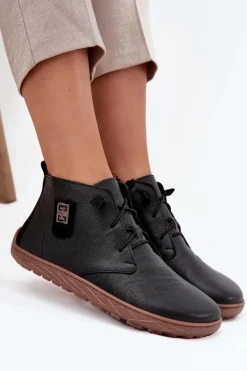 Skórzane Półbuty Barefoot Damskie Z Ozdobnym Detalem Zazoo 30072 Czarne