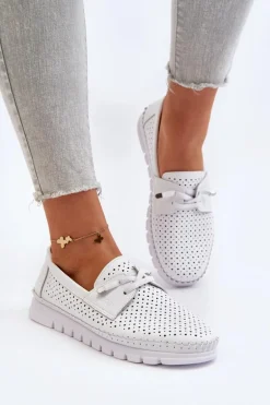 Skórzane Półbuty Damskie Ażurowe Białe Darnissa
