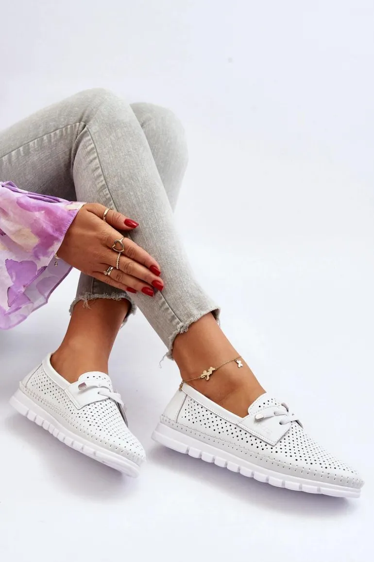 Skórzane Półbuty Damskie Ażurowe Białe Darnissa