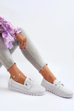 Skórzane Półbuty Damskie Ażurowe Białe Darnissa