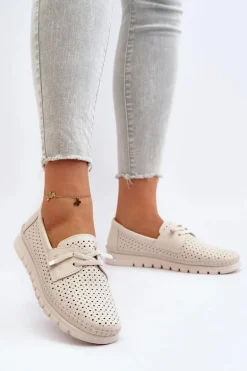 Skórzane Półbuty Damskie Ażurowe Beżowe Darnissa