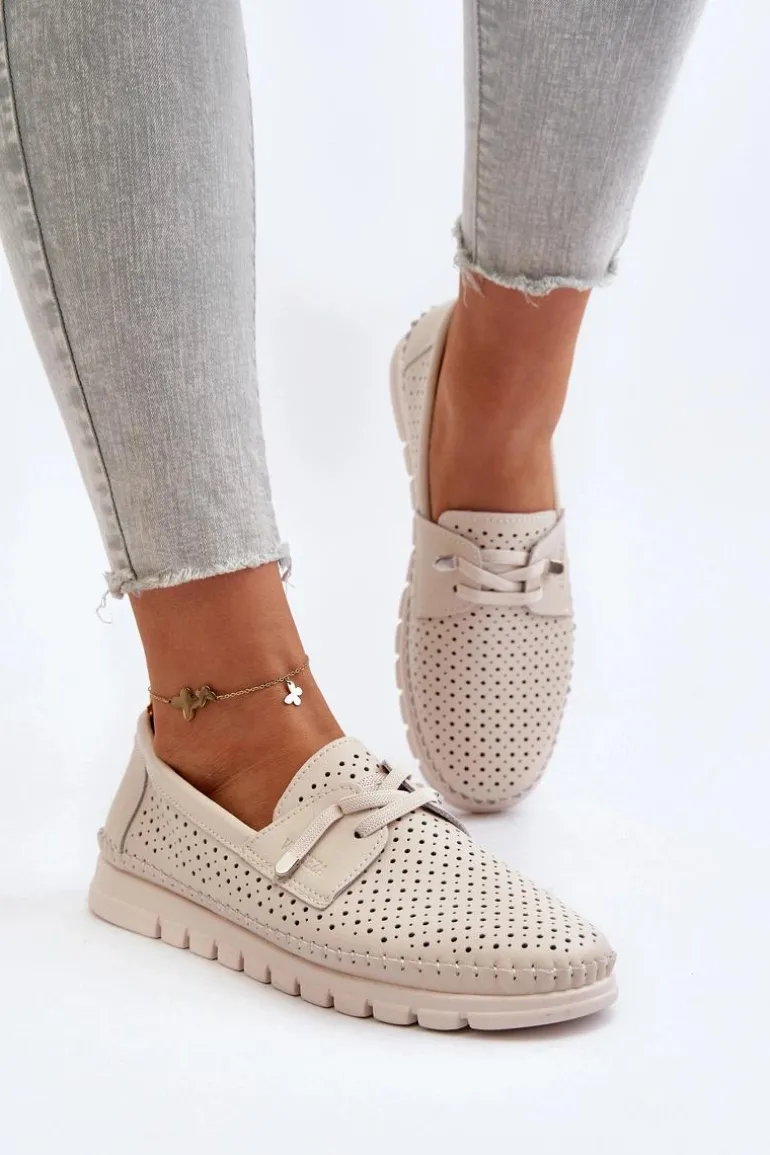 Skórzane Półbuty Damskie Ażurowe Beżowe Darnissa