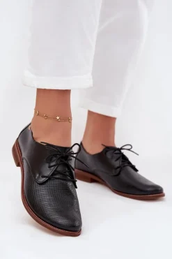 Skórzane Półbuty Damskie Eleganckie Sznurowane Zazoo 4238 Czarne
