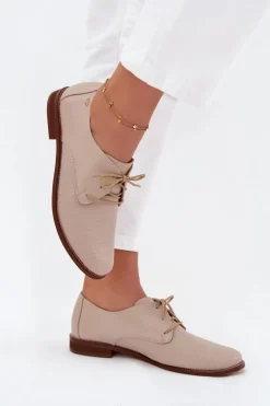 Skórzane Półbuty Damskie Eleganckie Sznurowane Zazoo 4238 Beżowe