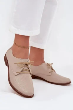 Skórzane Półbuty Damskie Eleganckie Sznurowane Zazoo 4238 Beżowe