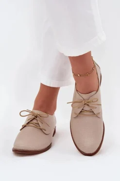 Skórzane Półbuty Damskie Eleganckie Sznurowane Zazoo 4238 Beżowe