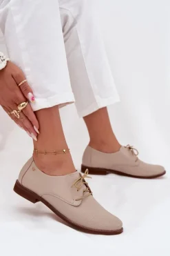 Skórzane Półbuty Damskie Eleganckie Sznurowane Zazoo 4238 Beżowe