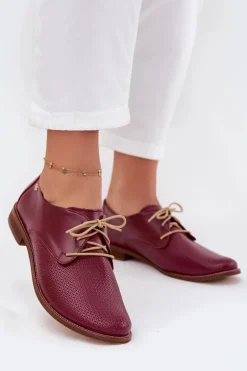 Skórzane Półbuty Damskie Eleganckie Sznurowane Zazoo 4238 Bordowe