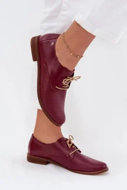 Skórzane Półbuty Damskie Eleganckie Sznurowane Zazoo 4238 Bordowe