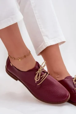 Skórzane Półbuty Damskie Eleganckie Sznurowane Zazoo 4238 Bordowe
