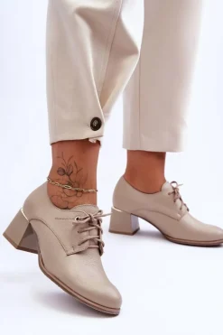 Skórzane Półbuty Damskie Na Obcasie Beżowe Keria