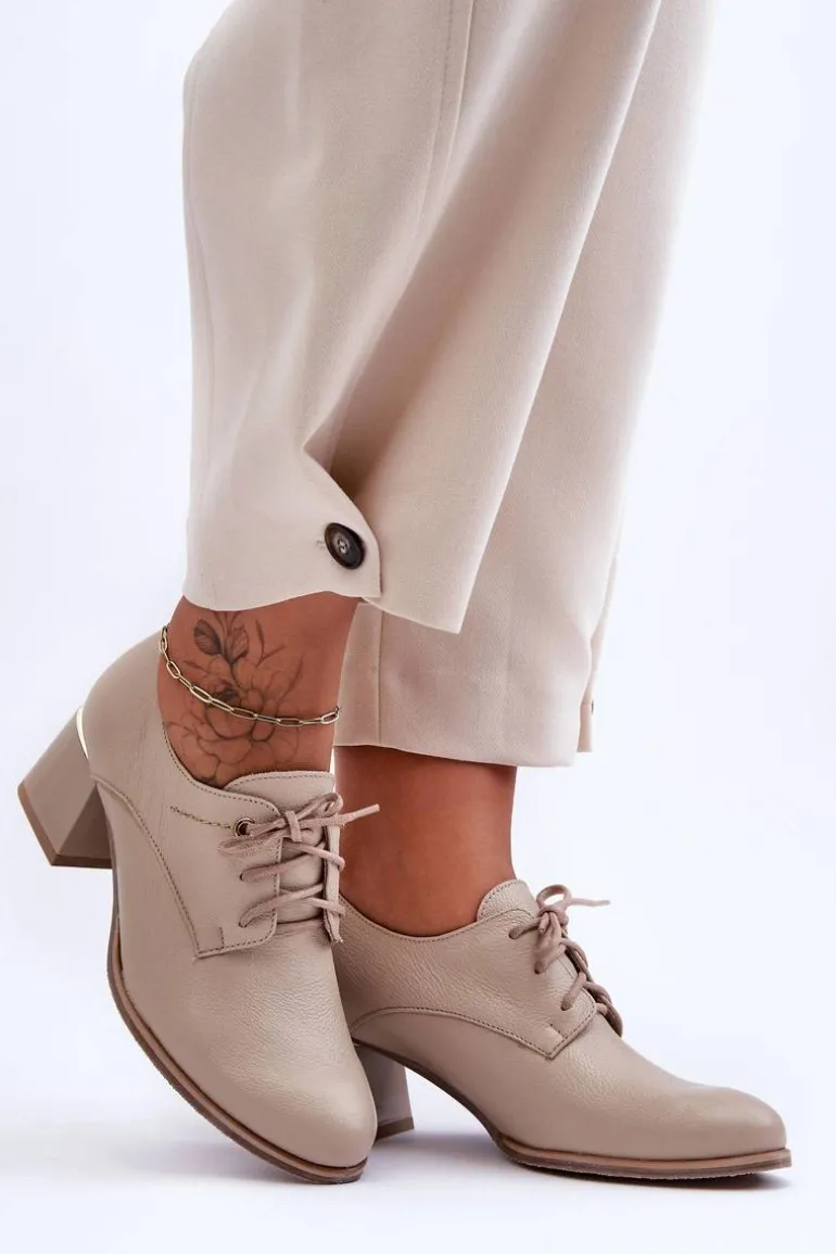 Skórzane Półbuty Damskie Na Obcasie Beżowe Keria