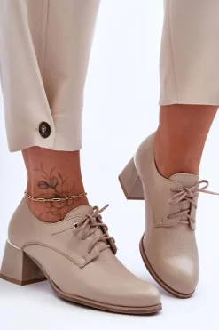 Skórzane Półbuty Damskie Na Obcasie Beżowe Keria