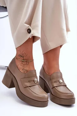Skórzane Półbuty Damskie Na Słupku Ciemnobeżowe Lemar Dunadia