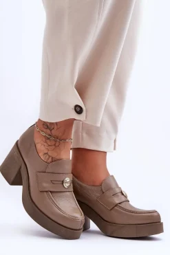 Skórzane Półbuty Damskie Na Słupku Ciemnobeżowe Lemar Dunadia