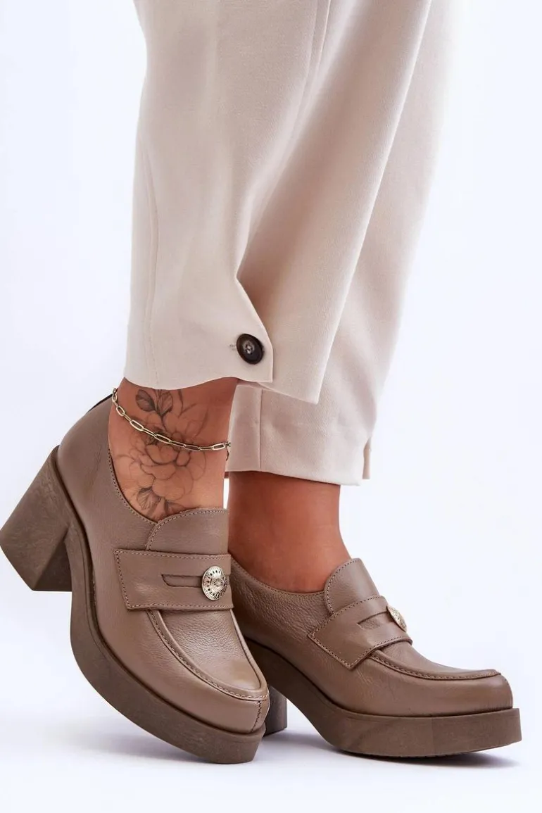 Skórzane Półbuty Damskie Na Słupku Ciemnobeżowe Lemar Dunadia