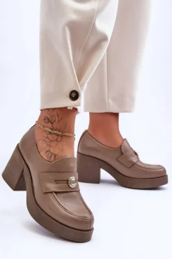 Skórzane Półbuty Damskie Na Słupku Ciemnobeżowe Lemar Dunadia