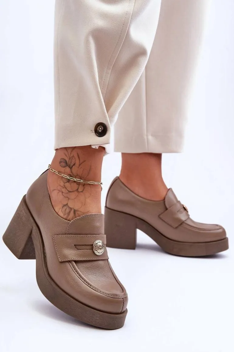 Skórzane Półbuty Damskie Na Słupku Ciemnobeżowe Lemar Dunadia