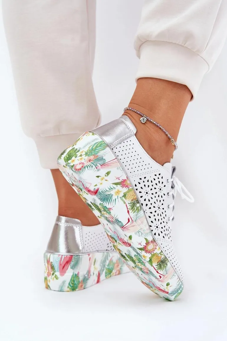 Skórzane Półbuty Damskie Na Koturnie Artiker 56C1799 Biało-Srebrne