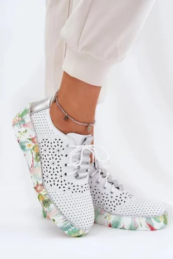 Skórzane Półbuty Damskie Na Koturnie Artiker 56C1799 Biało-Srebrne