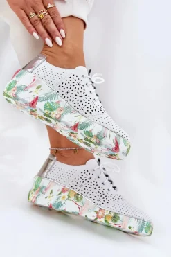 Skórzane Półbuty Damskie Na Koturnie Artiker 56C1799 Biało-Srebrne