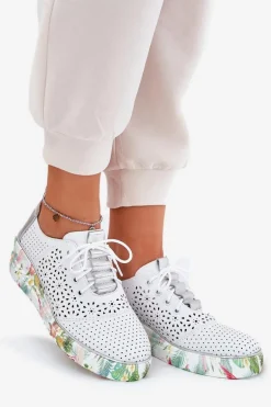 Skórzane Półbuty Damskie Na Koturnie Artiker 56C1799 Biało-Srebrne