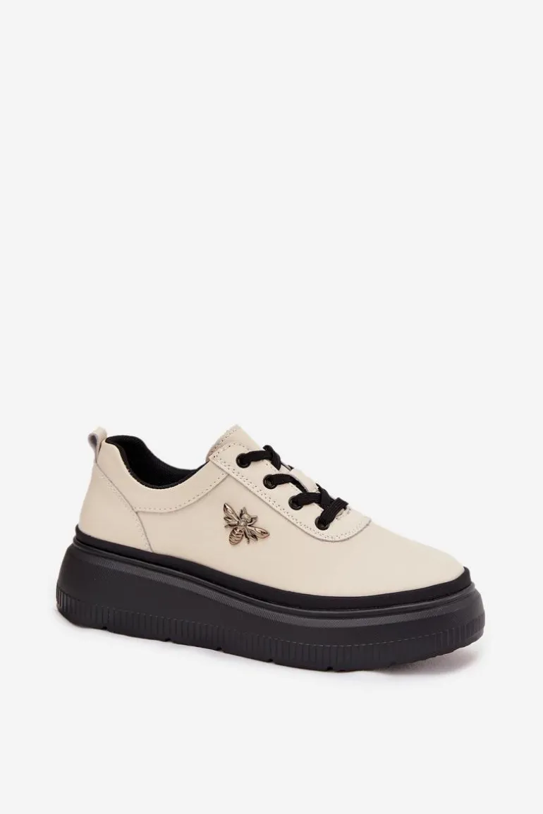 Skórzane Półbuty Damskie Na Platformie Z Przypinką Vinceza 41495 Beżowe