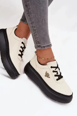 Skórzane Półbuty Damskie Na Platformie Z Przypinką Vinceza 41495 Beżowe